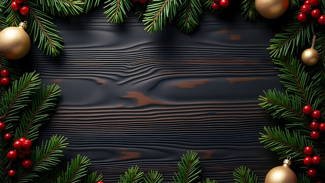 A dark wooden background framed with festive greenery, including pine branches, red berries, and gold ornaments, creating a seasonal holiday atmosphere. Christmas texture background.