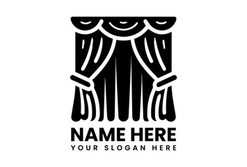 Classic black silhouette theater logo with elegant opened curtains showing fabric folds and tiebacks for performances