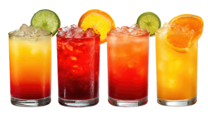 Four vibrant cocktails with citrus garnish and crushed ice in clear glasses