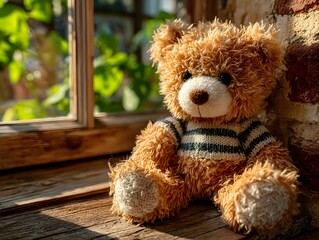 A soft brown teddy bear sitting with its back turned on a sunlit wooden floor. Warm and nostalgic, perfect for emotional storytelling, childhood memory, or quiet moments of reflection.