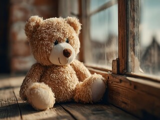 A soft brown teddy bear sitting with its back turned on a sunlit wooden floor. Warm and nostalgic, perfect for emotional storytelling, childhood memory, or quiet moments of reflection.