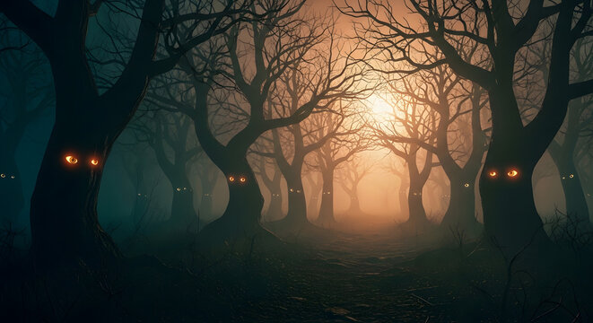 Eerie forest scene with glowing eyes peering from trees in a dark and foggy environment at twilight
