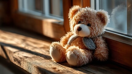 A soft brown teddy bear sitting with its back turned on a sunlit wooden floor. Warm and nostalgic, perfect for emotional storytelling, childhood memory, or quiet moments of reflection.