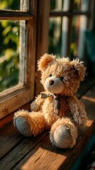 A soft brown teddy bear sitting with its back turned on a sunlit wooden floor. Warm and nostalgic, perfect for emotional storytelling, childhood memory, or quiet moments of reflection.