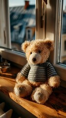 A soft brown teddy bear sitting with its back turned on a sunlit wooden floor. Warm and nostalgic, perfect for emotional storytelling, childhood memory, or quiet moments of reflection.