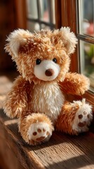 A soft brown teddy bear sitting with its back turned on a sunlit wooden floor. Warm and nostalgic, perfect for emotional storytelling, childhood memory, or quiet moments of reflection.