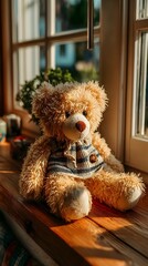 A soft brown teddy bear sitting with its back turned on a sunlit wooden floor. Warm and nostalgic, perfect for emotional storytelling, childhood memory, or quiet moments of reflection.