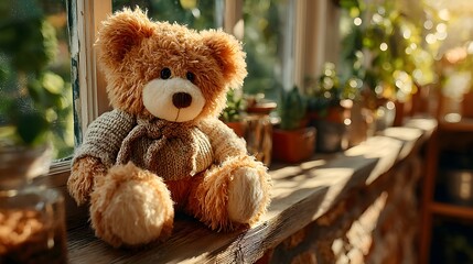 A soft brown teddy bear sitting with its back turned on a sunlit wooden floor. Warm and nostalgic, perfect for emotional storytelling, childhood memory, or quiet moments of reflection.
