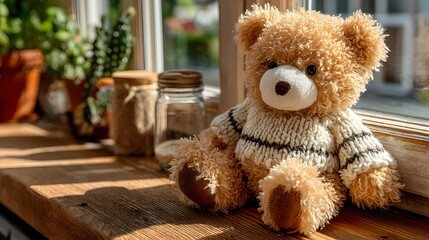 A soft brown teddy bear sitting with its back turned on a sunlit wooden floor. Warm and nostalgic, perfect for emotional storytelling, childhood memory, or quiet moments of reflection.