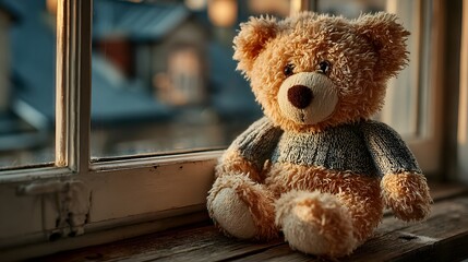 A soft brown teddy bear sitting with its back turned on a sunlit wooden floor. Warm and nostalgic, perfect for emotional storytelling, childhood memory, or quiet moments of reflection.