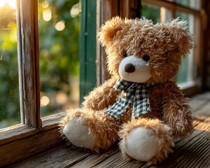 A soft brown teddy bear sitting with its back turned on a sunlit wooden floor. Warm and nostalgic, perfect for emotional storytelling, childhood memory, or quiet moments of reflection.