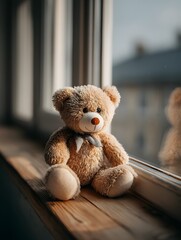 A soft brown teddy bear sitting with its back turned on a sunlit wooden floor. Warm and nostalgic, perfect for emotional storytelling, childhood memory, or quiet moments of reflection.