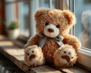 A soft brown teddy bear sitting with its back turned on a sunlit wooden floor. Warm and nostalgic, perfect for emotional storytelling, childhood memory, or quiet moments of reflection.