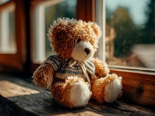 A soft brown teddy bear sitting with its back turned on a sunlit wooden floor. Warm and nostalgic, perfect for emotional storytelling, childhood memory, or quiet moments of reflection.
