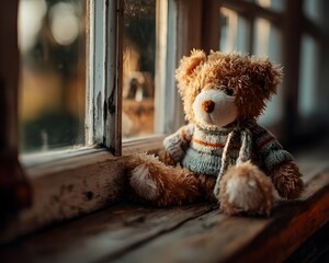 A soft brown teddy bear sitting with its back turned on a sunlit wooden floor. Warm and nostalgic, perfect for emotional storytelling, childhood memory, or quiet moments of reflection.