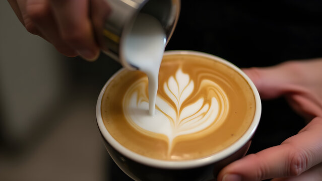 Close-up of a barista pouring milk into a latte, creating a leaf-shaped latte art. The hands frame the image, focus is on the milk stream and coffee surface.