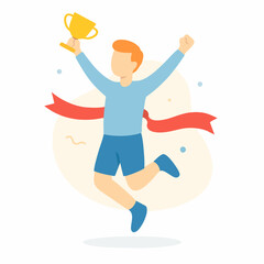 Flat Illustration Man Jumping Holding Trophy Celebrating Success Achievement