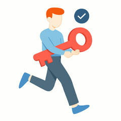 Flat Style Running Man Carrying Big Key with Checkmark Icon Illustration