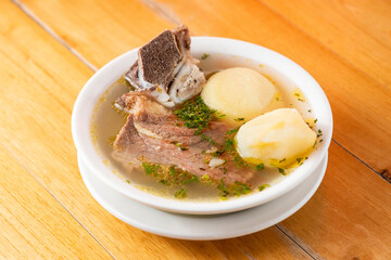 Traditional colombian breakfast - Beef rib broth with potatoes