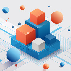 Modern abstract scene with stacked rectangular blocks and colored spheres on a clean white grid.