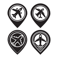 Set of Four Black and White Aviation Icons in Location Pins