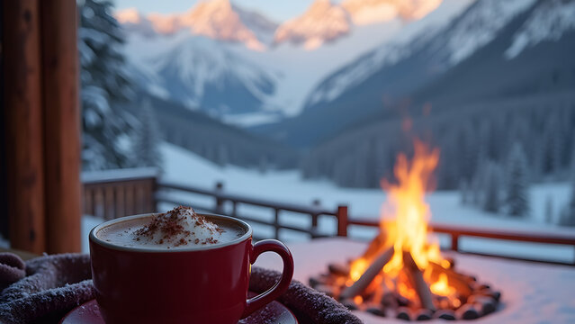 Warm chocolate drink overlooking snowy mountains and a crackling fire.
