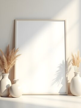 Blank vertical canvas leaning against a textured wall with sunlight shadows. Two neutral vases with dried grasses stand beside it on a light floor
