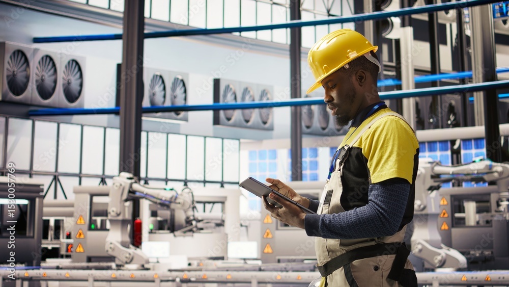 Poster smart factory expert uses tablet to implement automated workflows and control systems, computerizing
