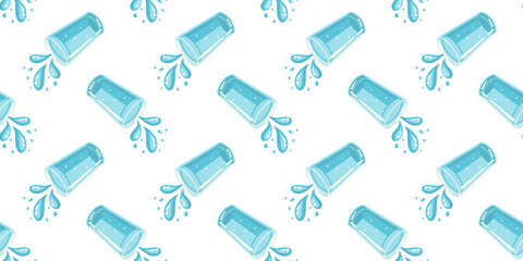 Seamless summer pattern with tilted glass of water and splashes. Cartoon vector background.