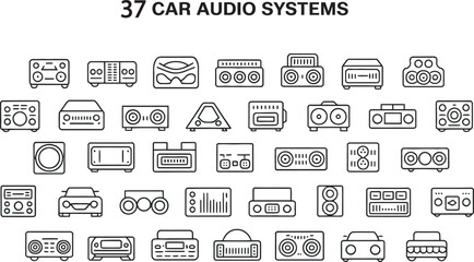 Thirty Seven Black Line Car Audio System Icons car stereo