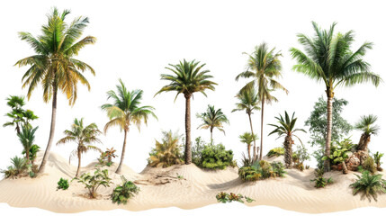 Fototapeta premium Set of tropical oasis’s with lush palm trees on sanday on white background 