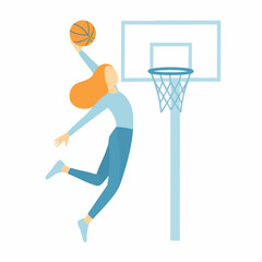 Flat Illustration of A Female Athlete Playing Basketball Slam Dunking © Mariposa1818