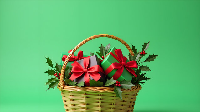 Christmas gift basket with holly and bows isolated on plain green studio background