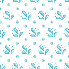 Seamless summer pattern with blue water splashes and ice cubes. Cartoon vector background.