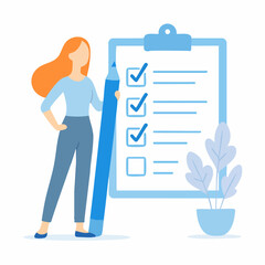 Flat Style Woman Standing with Clipboard and Pen Illustration Design