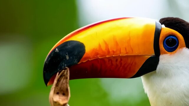 Close-up of a colorful toco toucan with a bright orange, yellow, and red beak holding a seed pod in its mouth, with blurred background.