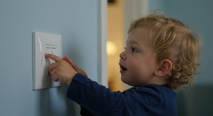 Toddler pressing a light switch with curiosity in a cozy room  