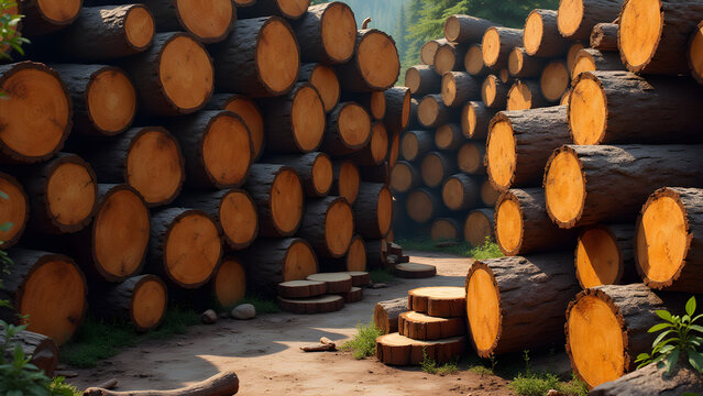 Logs stacked in a circular pattern within a lumberyard