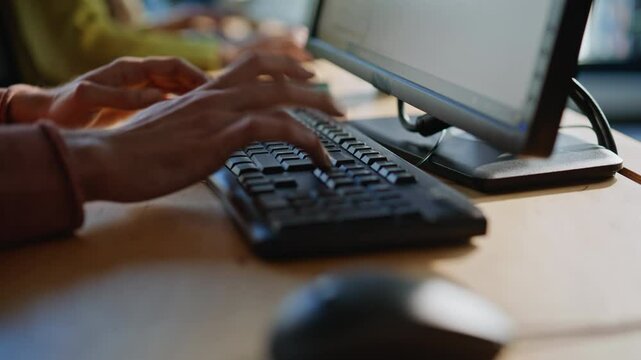 Manager hands entering data keyboard preparing email for client indoors closeup