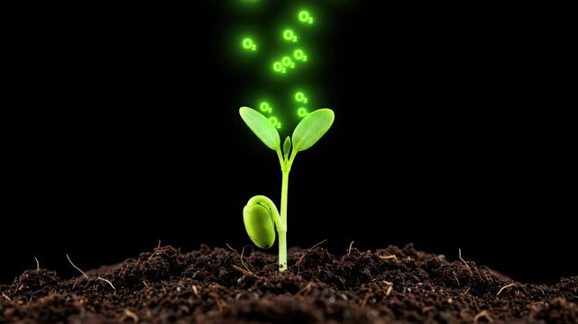 Little Plant with Glowing Oxygen Molecules | Clean Air and Photosynthesis Concept | Nature Animation Showing Oxygen Emission for Eco-Friendly, Sustainable Environment Themes