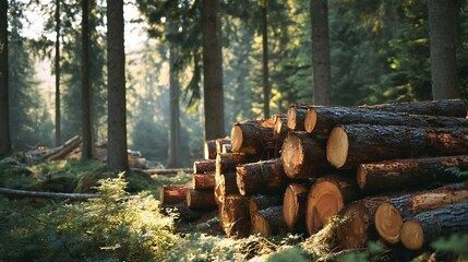 Majestic pine forest showcasing harvested logs bathed in soft golden sunlight