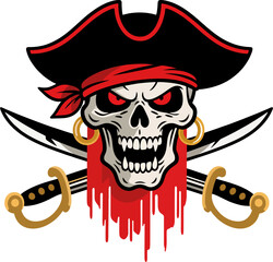Aggressive Pirate Skull Vector with Red Bandana, Crossed Swords, and Blood Drip Effect