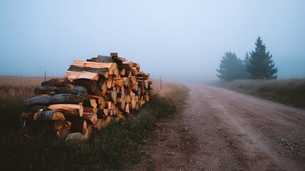 Misty Woodland: Stacked Firewood by a Rural Path during an Early Morning Haze