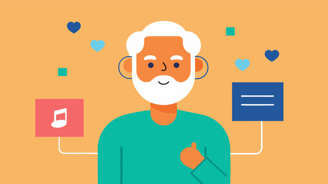 An illustration of a personalized music playlist tailored specifically for individuals with dementia highlighting its therapeutic benefits in managing symptoms.. Vector illustration
