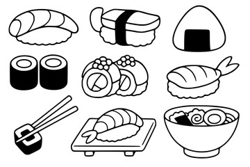 nigiri sushi, tamago sushi, onigiri, maki rolls, uramaki rolls, ebi sushi, shrimp sushi, maki roll with chopsticks, shrimp nigiri on a sushi board, ramen bowl 