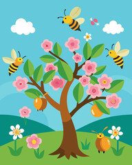 A group of bees buzzing around the bright blossoms of an organic fruit orchard providing natural pollination.. Vector illustration