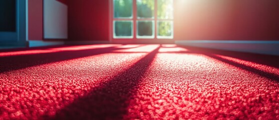 Sunlit red carpet stretches from window to viewer, showcasing texture and warm light