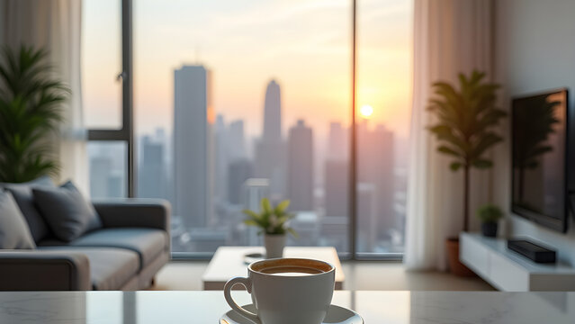A cup of coffee sits on a modern kitchen counter overlooking a city skyline Relaxing apartment living room background
