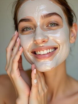 Close-up of a woman using a kaolin clay face mask to deep clean pores and control shine. Natural skincare concept for healthy, oil-free skin