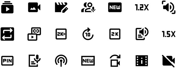 20 black video player vector icons in SVG format on white background